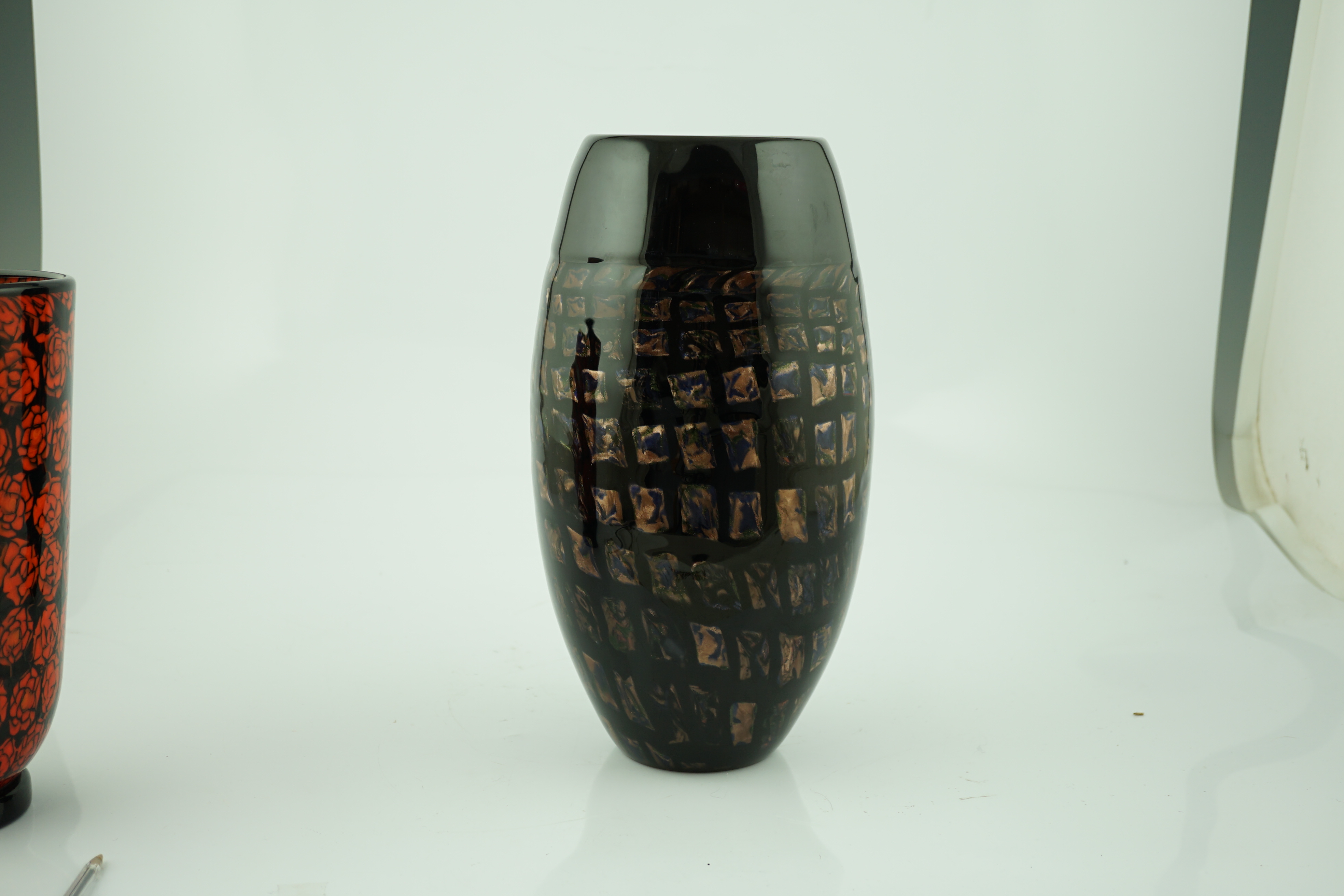 Vittorio Ferro (1932-2012) A Murano glass, black ground vase, with a spiral design of small aventurine squares, under a broad upper band, unsigned, 35.5cm, Please note this lot attracts an additional import tax of 20% on
